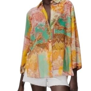 Zara Patchwork Print Button Up Blouse 3/4 Sleeves Size Small